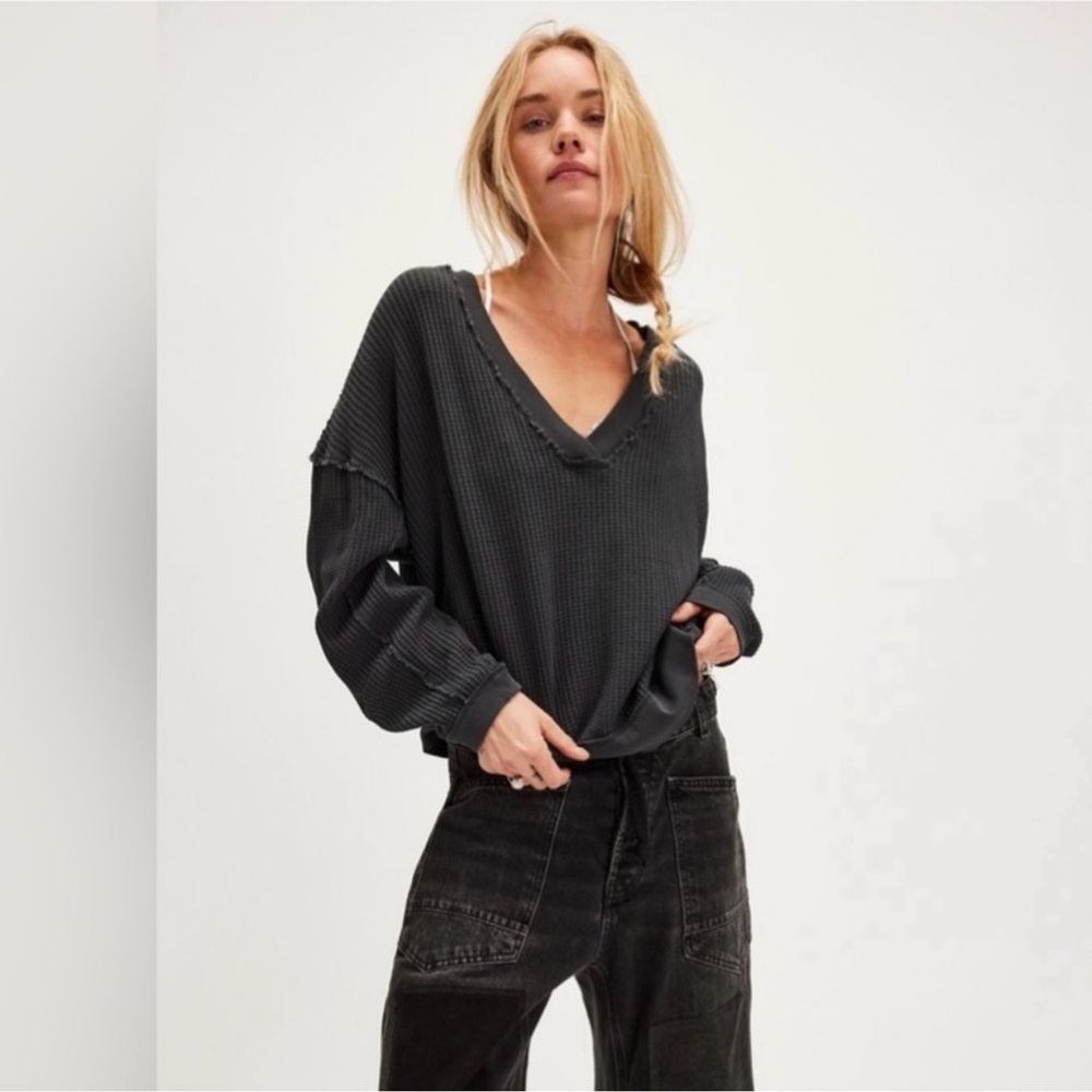 FREE PEOPLE We The Free Ricky Thermal V Neck Top in Washed Black